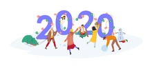 Group Of Cute Happy Tiny People Celebrating New Year, Carrying Spruce Tree And Making Snowman Near Giant 2020 Number Decorated By Festive Light Bulb Garland. Holiday Flat Cartoon Vector Illustration.