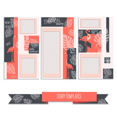 Flamingo and vertical modern patterns. Stories. Background design with tropical leaves on a red and gray background to promote sales. Suitable for social networks, web banners, posters and brochures.