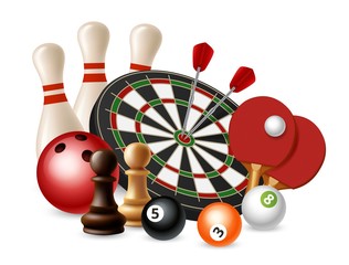 Sticker - Gambling sport games. Vector bowling, darts, chess, ping pong isolated on white background. Bowling and chess, darts and snooker, ping pong sport illustration