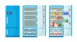 Flat fridge vector. Closed and open empty refrigerator. Blue fridge with healthy food, water, meet, vegetables. Illustration fridge with food or shelf empty