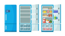 Flat fridge vector. Closed and open empty refrigerator. Blue fridge with healthy food, water, meet, vegetables. Illustration fridge with food or shelf empty