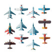Planes top view. Jet military aircraft vector flat pictures isolated. Illustration aircraft and jet military, plane fighter, transportation aeroplane