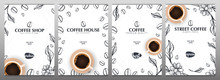 Cup Of Coffee. Set Of Sketch Banners With Coffee Beans And Leaves For Poster Or Another Template Design.