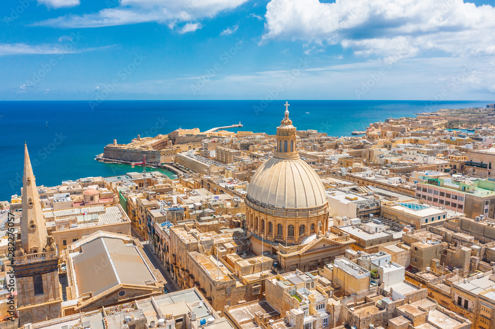 Aerial view of Lady of Mount Carmel church, St.Paul's Cathedral in Valletta city, Malta. - obrazy, fototapety, plakaty 