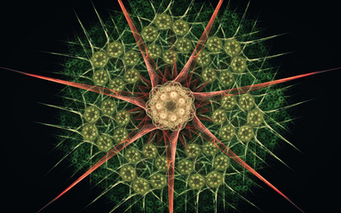 fantastic abstract symmetrical flower with petals consisting of a variety of geometric shapes of different colors on a black background