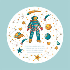 Wall Mural - astronaut, vector illustration. cosmonaut round card for print and web. template with comic sign wit