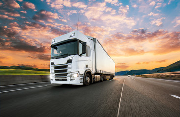 Truck with container on road, cargo transportation concept.