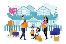 Happy Family With Two Kids Move To Their New House. Vector Flat Cartoon Illustration. Relocation And Moving Concept.
