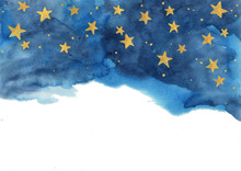 Night Sky And Gold Star Watercolor Hand Painting  For Decoration On Winter Season And Chritsmas Holiday.