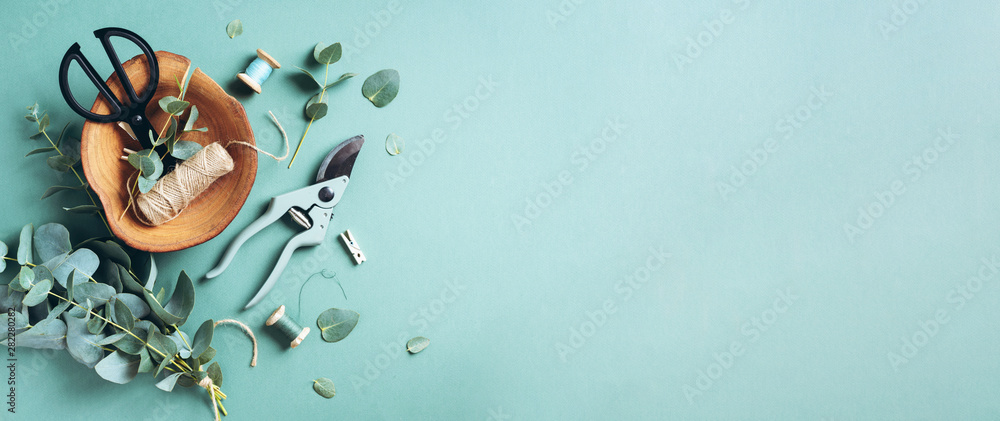 Eucalyptus branches and leaves, garden pruner, scissors, wooden plate over green background with copy space. Florist concept, top view - obrazy, fototapety, plakaty 