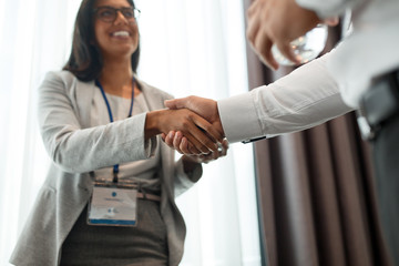 Wall Mural - business, partnership and cooperation concept - handshake of people at international conference