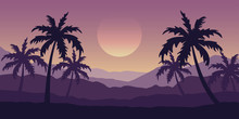 Beautiful Palm Tree Silhouette Mountain Landscape In Purple Colors Vector Illustration EPS10