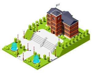 Historical university or school building surrounded by a garden with fountains and wide staircase isometric vector illustration.