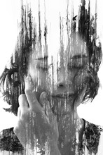 Paintography. Double Exposure Portrait Of A Young Beautiful Woman With Hand On Face Combined With Hand Drawn Ink And Pen Drawing