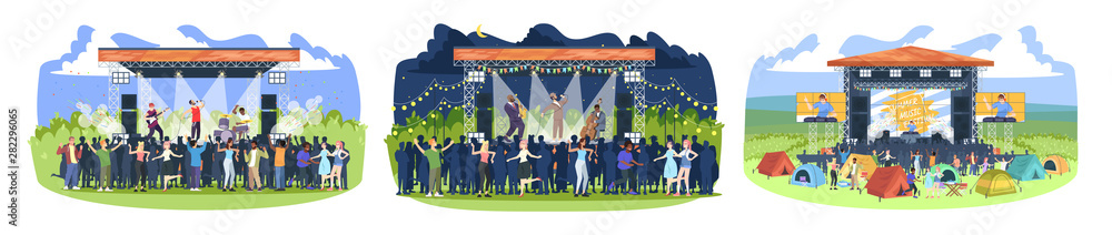 Summer music festival flat vector illustrations set. Rock, jazz, electronic musician concert. Summertime fun outdoor activity. People in open air live performance isolated cartoon characters - obrazy, fototapety, plakaty 