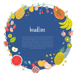 Fototapete - Fruit decorative frame in flat hand drawn style, illustrations border. Tropical vector template for banner, flyer print card and invitation. Ingredients color cliparts made as graphic concept. Sketch 