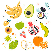 Fruit Collection In Flat Hand Drawn Style, Illustrations Set. Tropical Fruit And Graphic Design Elements. Ingredients Color Cliparts. Sketch Style Smoothie Or Juice Ingredients.
