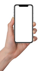 Wall Mural - woman hand holding the black smartphone with blank screen and modern frame less design - isolated on