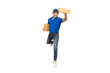 © comzeal - Energetic young Asian delivery man jumping and holding boxes isolated on white background, Deliveryman with parcel post box and fast shipping concept
