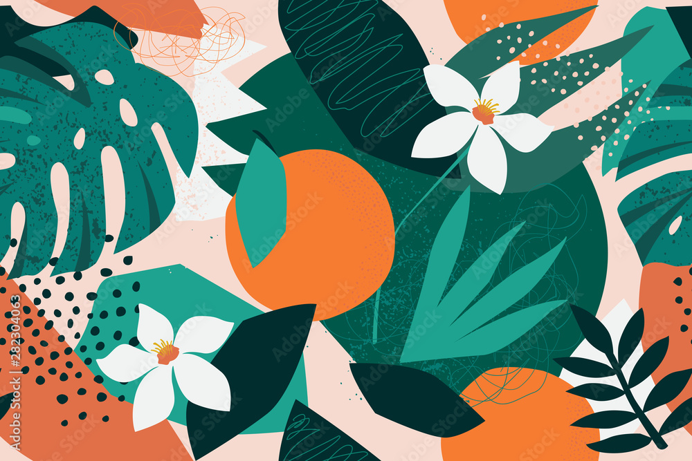 Collage contemporary floral seamless pattern. Modern exotic jungle fruits and plants illustration in vector. - obrazy, fototapety, plakaty 
