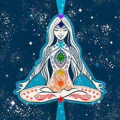 Vector girl seating in meditation with chakras. Design for yoga mat, tshirt