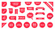 Sale Label collection set. Sale tags. Discount red ribbons, banners and icons. Shopping Tags. Sale icons. Red isolated on white background, vector illustration.
