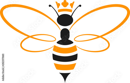 Queen bee icon with crown in yellow and black. Isolated and geometric.