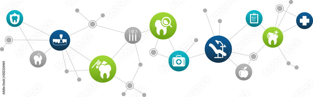 dental care / dentistry / oral hygiene: abstract icon concept: connected dental health symbols - vector illustration - obrazy, fototapety, plakaty 