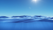 Ocean Or Sea In Half Water Half Sky. Rays Of Sunlight Shining From Above Penetrate Deep Clear Blue Water. Realistic Dark Blue Ocean Surface. View - Half Of The Sky, Half Water. 3D Rendering