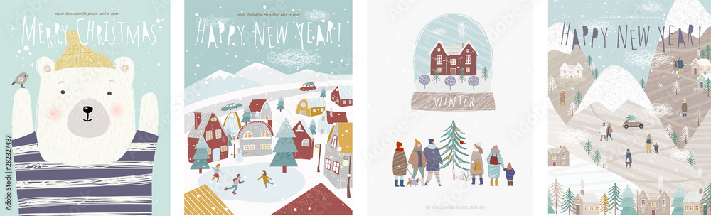 Winter holidays! Vector cute illustrations of nature, landscape, animal bear, houses, trees, family and people at the rink for the New Year and Christmas background - obrazy, fototapety, plakaty 
