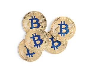 Bitcoins isolated on white, top view. Digital currency