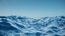 Sea Wave Low Angle View. Ocean Water Background. View From Below, View Of A Clear Blue Sky With. Sea Or Ocean Wave Close-up View. Beautiful Blue Clean Water. 3D Rendering