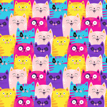 Cute Cats Colorful Seamless Pattern Background