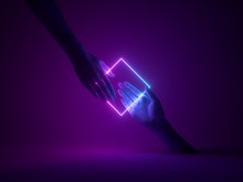 3d Render, Abstract Minimal Neon Background, Mannequin Hands Interacting, Pink Blue Glowing Geometric Square Shape, Ultraviolet Light, Fashion Concept, Virtual Reality