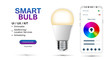 © SergeyBitos - Smart Bulb controlled by smartphone. Hue app on phone used to control smart lamp in smart home system. Bulb and Smartphone with user interface via wi-fi. UI, UX, KIT app. Vector illustration