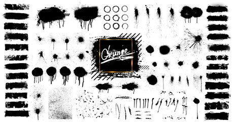 Fototapete - Black paint isolated collection. Ink brush strokes, brushes, splashes, lines. Dirty artistic design elements, great elaboration, spray graffiti stencil. Paint splatter blotches. Grunge vector
