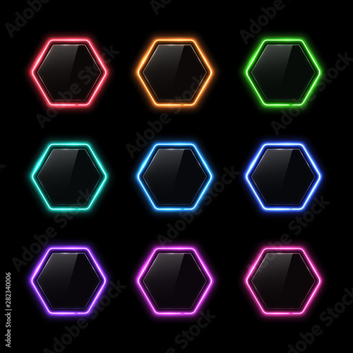 Color Neon Sign Set Hexagon Glowing Light Banner With Blank Space
