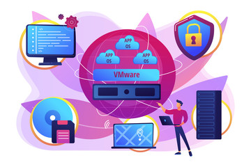 Wall Mural - Virtual machines. Operating system and data storage. Virtualization technology, process virtual representation, reduce IT expenses concept. Bright vibrant violet vector isolated illustration