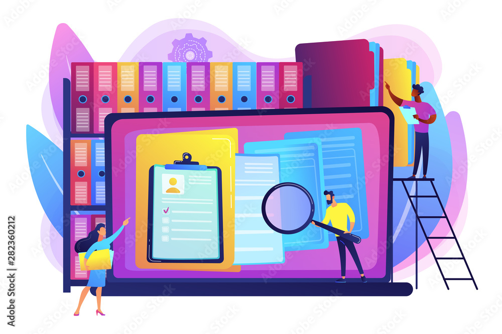 Organized archive. Searching files in database. Records management, records and information management, documents tracking system concept. Bright vibrant violet vector isolated illustration - obrazy, fototapety, plakaty 