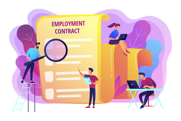 Poster - Employee hiring. Business document. HR management. Employment agreement, employment contract form, employee and employer relations concept. Bright vibrant violet vector isolated illustration