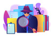 Secret agent searching clues and spying investigating case. Private investigation, private detective agency, private investigator services concept. Bright vibrant violet vector isolated illustration