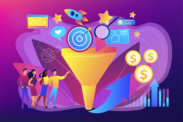 Wall Mural - Analysts analyzing market. Selling strategy, lead generation. Marketing funnel, product marketing cycle, advertising system control concept. Bright vibrant violet vector isolated illustration