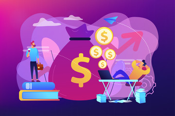 Wall Mural - Stock market investing, online monetization. Remote job, freelance work. Passive income, rental activity income, passive income investment concept. Bright vibrant violet vector isolated illustration