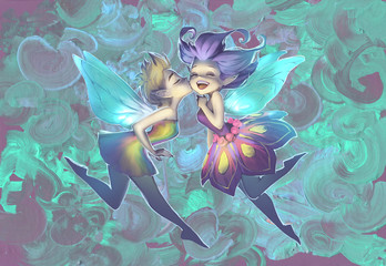 Wall Mural - Original illustration of two cute funny elves, beautiful kissing girls with fairy wings