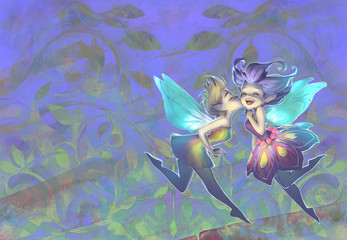 Wall Mural - Original illustration of two cute funny elves, beautiful kissing girls with fairy wings