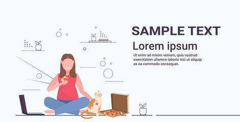 Wall Mural - fat obese woman sitting on floor with cat overweight girl eating pizza using laptop unhealthy nutrition obesity concept flat full length horizontal copy space