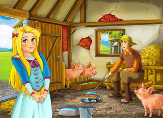 Cartoon scene with princess and farmer rancher in the barn pigsty illustration for children