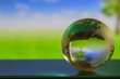 canvas print picture - World globe crystal glass reflect in green wide grassland, tree and blue sky with clouds gloss on table beside the window. Global business and economy. Environmental conservation or ecology.