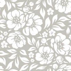 Wall Mural - Seamless vector floral wallpaper. Decorative vintage pattern in classic style with flowers and twigs.  Two tone ornament with white peony silhouette on gray background