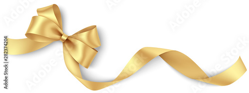 Cuadros en Lienzo Decorative golden bow with long ribbon isolated on white background